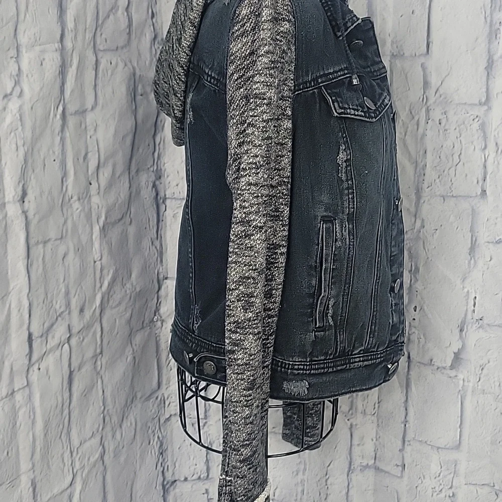 Free People Black Denim Mixed Media Short Hoodie Jacket‎ Small - Picture 8 of 11